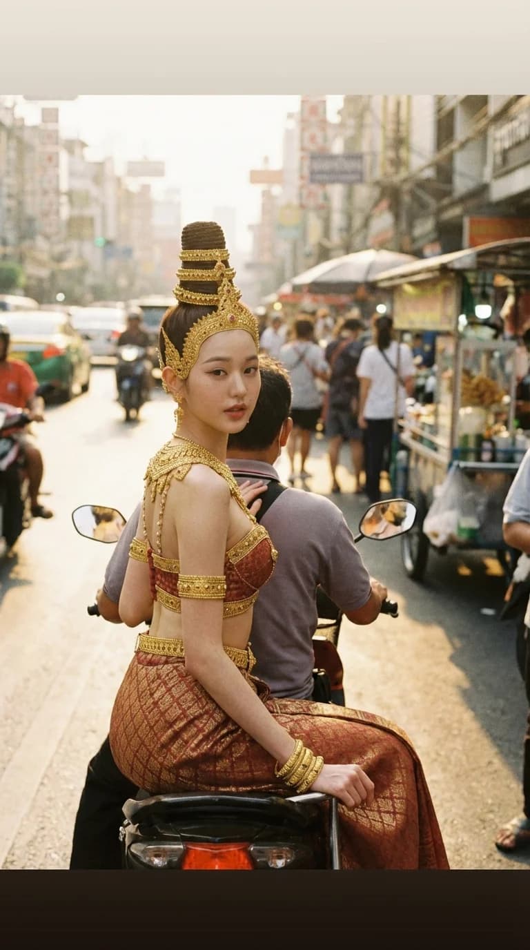 นางอัปสรซ้อนมอเตอร์ไซค์ผ่านตลาดกรุงเทพตอนแดดเย็น