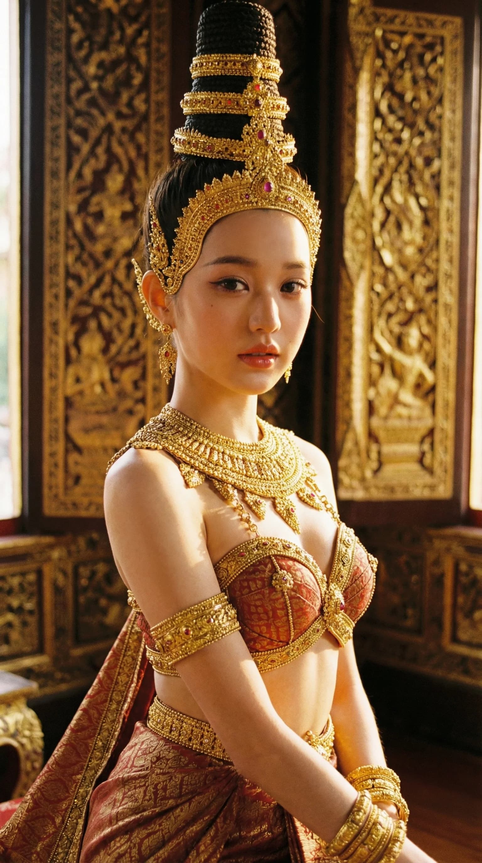 นางอัปสรชุดไทยเครื่องทองเต็มยศ ยืนอยู่ในท้องพระโรงลายทอง