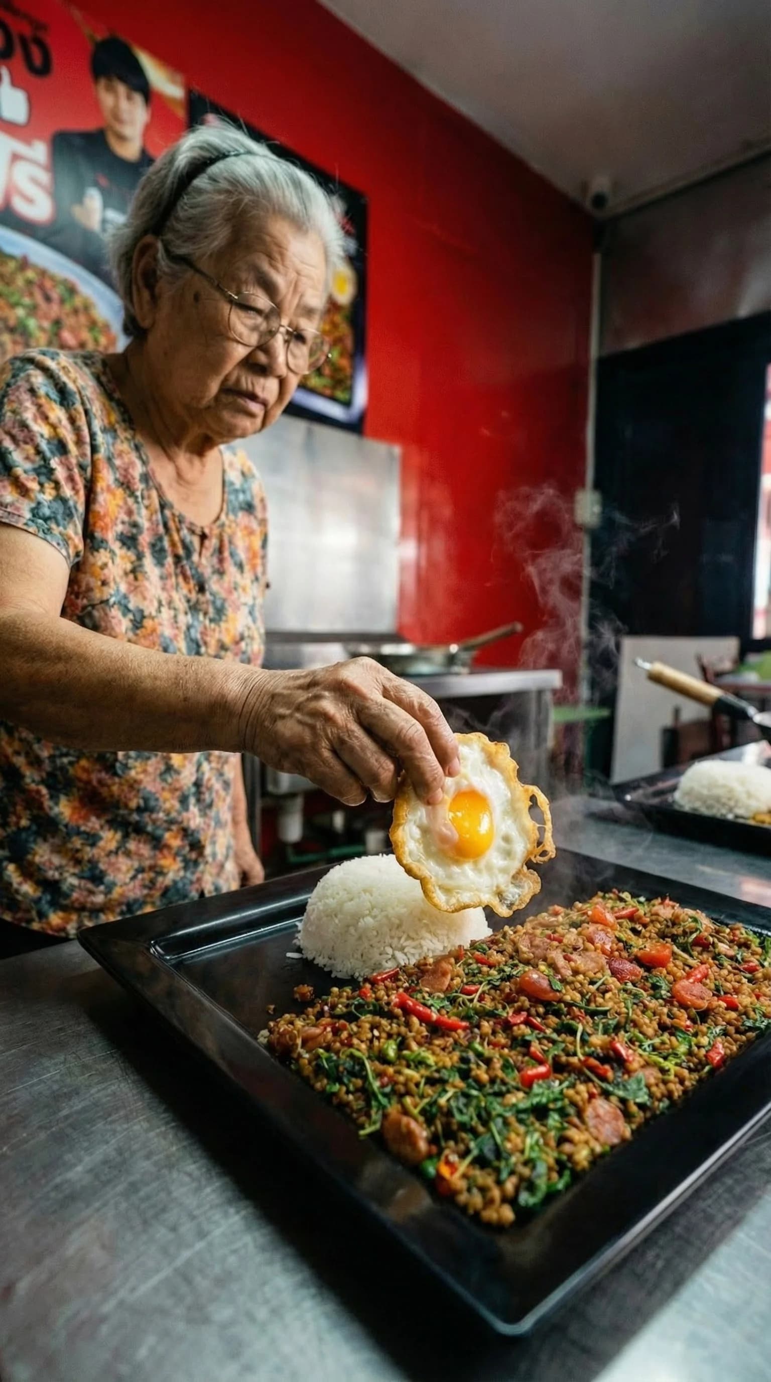 คุณยายวางไข่ดาวลงบนถาดกะเพราในร้านผนังแดงของตัวเอง